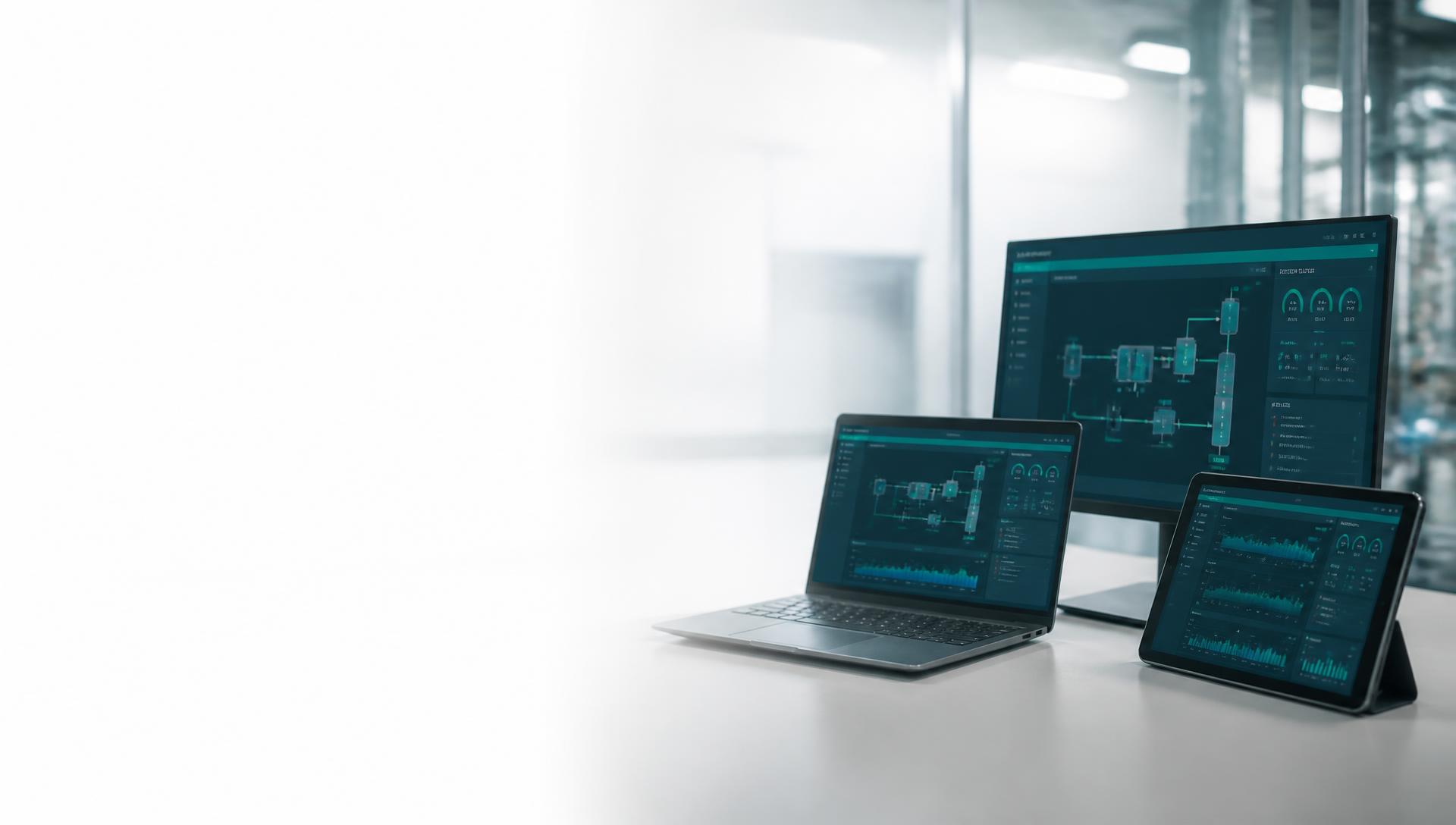 KI-Dashboards zur Prozessüberwachung auf Laptop, Monitor und Tablet im Leitstand